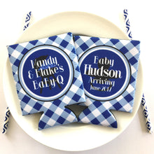 Load image into Gallery viewer, Baby Q Baby Boy Shower Drink Insulators. Baby Shower Koolies. Baby Shower Favors. Gender Reveal Party Favors. Personalized Baby Q Coolies!