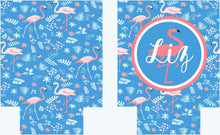 Load image into Gallery viewer, Blue Flamingo Party Huggers. Beach Birthday or Girls Weekend. Slim Flamingle Bachelorette Party Favors. Personalized Beach Flamingo Favors.