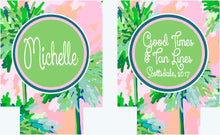 Load image into Gallery viewer, Palm Tree Sunset Huggers. Bachelorette or Birthday Beach Party Favors. Personalized Family Vacation Beach Coolies!
