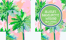 Load image into Gallery viewer, Palm Tree Sunset Huggers. Bachelorette or Birthday Beach Party Favors. Personalized Family Vacation Beach Coolies!