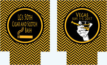 Load image into Gallery viewer, Cigar party favors. Guy's Cigar Birthday Party Huggers! Cigar Bachelor Party Gifts. Bourbon Party Coolies. Cigar Scotch Themed Can Coolies
