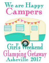 Load image into Gallery viewer, Happy Camper Tote bag. Bachelorette or Girls Weekend Totes! Mountain Girl's weekend Party Favor Bag. Glamping Party Totes.