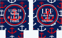 Load image into Gallery viewer, Nautical Vacation Huggers. Navy Nautical Bachelorette or Birthday Coolies. Monogram Anchor Huggers. Nautical Wedding Shower Favors!