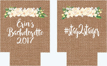 Load image into Gallery viewer, Flower Burlap Party Huggers. Bachelorette or Birthday Coolies. Burlap Flower Huggers. Floral Wedding Shower Huggers!