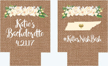 Load image into Gallery viewer, Flower Burlap Party Huggers. Bachelorette or Birthday Coolies. Burlap Flower Huggers. Floral Wedding Shower Huggers!