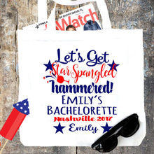Load image into Gallery viewer, Red White and Blue Tote bag. USA Bachelorette or Girls Weekend Tote Bag. Custom America Wedding Welcome Bag. Girls Weekend Beach Bag!