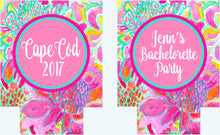 Load image into Gallery viewer, Floral Party Can Coolies. Tropical Flowers Beverage Insulators.Monogram Bridesmaid or Bachelorette Party Favors.Girl's Weekend Beach Favors.
