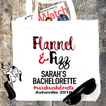 Load image into Gallery viewer, Plaid Party Tote bag. Flannel and Fizz Bachelorette or Girls Weekend Totes! Mountain Girl's weekend Party Favor Bag.