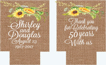 Load image into Gallery viewer, Sunflower Burlap Party Huggers. Burlap Bachelorette or Birthday Favors. Burlap Flower Huggers. Floral Wedding Shower Huggers!