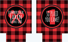 Load image into Gallery viewer, Buffalo Plaid Party Huggers. Personalized Lumberjack party Favors. Plaid Bachelorette or Birthday party Favors. Axe throwing! Flannel Party.