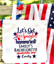 Load image into Gallery viewer, Red White and Blue Tote bag. USA Bachelorette or Girls Weekend Tote Bag. Custom America Wedding Welcome Bag. Girls Weekend Beach Bag!