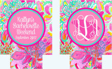 Load image into Gallery viewer, Floral Party Can Coolies. Tropical Flowers Beverage Insulators.Monogram Bridesmaid or Bachelorette Party Favors.Girl's Weekend Beach Favors.