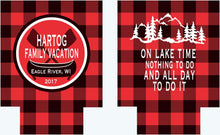 Load image into Gallery viewer, Lake Vacation Huggers. Personalized Nautical Buffalo Plaid Coolies. Lake House Coolies. Lake or River party Favors