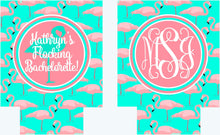 Load image into Gallery viewer, Bachelorette Flamingo Huggers. Birthday or Girls Weekend Coolies. Monogram Bachelorette Party Favors. Personalized Beverage Insulators!