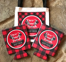 Load image into Gallery viewer, Lake Vacation Huggers. Personalized Nautical Buffalo Plaid Coolies. Lake House Coolies. Lake or River party Favors