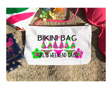 Load image into Gallery viewer, Bikini bag. Great Bachelorette or Girls Weekend Favors. Bachelorette Beach Weekend Make up Bag.