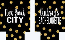 Load image into Gallery viewer, Gold and Black Polka Dot Huggers. Bachelorette or Birthday Huggers. Gold "Glitter" and Black Girl's Weekend Favors.