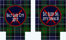 Load image into Gallery viewer, Blackwatch Plaid Party Huggers. Personalized Family Ski Vacation Coolies. Bachelorette or Bachelor Plaid Party coolers. Plaid party favors