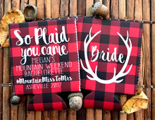 Load image into Gallery viewer, Red Plaid Antler Party Huggers. Plaid Bachelorette Party Favors! Mountain Vacation Flannel Party Huggers. Asheville Party Flannel Fling!