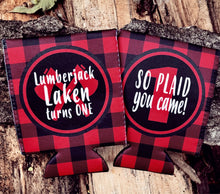 Load image into Gallery viewer, Buffalo Plaid Party Huggers. Personalized Lumberjack party Coolies. Plaid Bachelorette or Birthday party Favors.Lumberjack Plaid Favors.