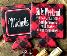 Load image into Gallery viewer, Buffalo Plaid Party Huggers. Personalized Lumberjack party Favors. Plaid Bachelorette or Birthday party Favors.