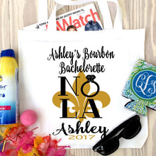 Load image into Gallery viewer, Nola Tote bag. NOLA Party Favors! New Orleans Bachelorette or Girls Weekend Tote Bag. Custom New Orleans Wedding Tote Bag.