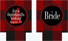 Load image into Gallery viewer, Buffalo Plaid Party Huggers. Personalized Lumberjack party Coolies. Plaid Bachelorette or Birthday party coolers.