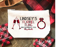 Load image into Gallery viewer, Flannel and Fizz Party Make Up bag. Great Bachelorette or Girls Weekend Favors. Plaid party Make up Bag. Flannel Fling Party Cosmetic Bag!
