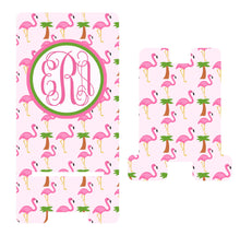 Load image into Gallery viewer, Flamingo and Palms Monogram Cell Phone Stand. Flamingo Cell Stand, Fits most Cell phones, I phone dock for Desks, Night Stands, Counters!