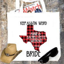 Load image into Gallery viewer, Texas Party Tote bag. Texas Bachelorette or Girls Weekend Totes! Dallas, Austin, Houston Girl's weekend Party Favor Bag.Plaid State tote!