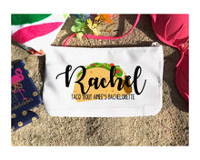 Load image into Gallery viewer, Taco "Bout Fiesta Party Make Up bag. Great Bachelorette or Girls Weekend Favors. Bachelorette Fiesta Weekend Make up Bag.