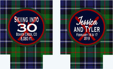 Load image into Gallery viewer, Blackwatch Plaid Party Huggers. Personalized Family Ski Vacation Coolies. Bachelorette or Bachelor Plaid Party coolers. Plaid party favors