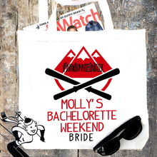 Load image into Gallery viewer, Ski Party Tote bag. Bachelorette or Girls Weekend Totes! Mountain Girl's weekend Party Favor Bag.