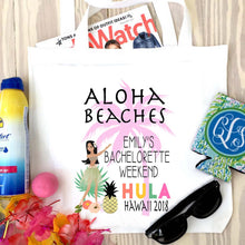 Load image into Gallery viewer, Aloha Beaches Tote bag. Tropical Bachelorette or Birthday weekend Tote Bag. Hawaii Wedding Welcome Favor Bag. Girls Weekend Beach Bag!