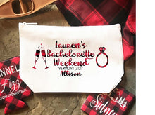 Load image into Gallery viewer, Mountain Party Make Up bag. Great Bachelorette or Girls Weekend Favors. Bachelorette Plaid Weekend Make up Bag.