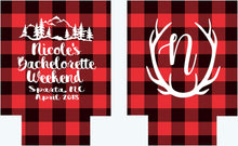 Load image into Gallery viewer, Red Plaid Antler Party Huggers. Plaid Bachelorette Party Favors! Mountain Vacation Flannel Party Huggers. Asheville Party Flannel Fling!