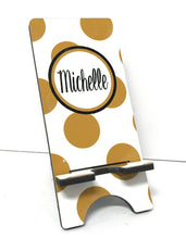 Load image into Gallery viewer, Polka Dot Cell Phone Stand. Name or Monogram! Cell phones, Iphone dock for Desk, Nightstands, Kitchen Counters!