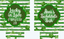 Load image into Gallery viewer, Shamrock Watercolor Huggers. St Patrick's Day Party Favors. St Patricks Bachelorette huggers. Irish Party Favors. Personalized Can Coolers!