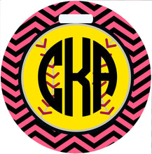 Load image into Gallery viewer, Softball Bag Tag. Monogrammed Tag Perfect on a Softball bag or luggage! Softball player gift. Great team or Coaches gift. Custom colors!