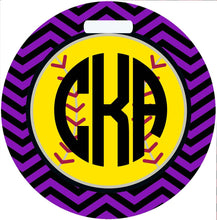 Load image into Gallery viewer, Softball Bag Tag. Monogrammed Tag Perfect on a Softball bag or luggage! Softball player gift. Great team or Coaches gift. Custom colors!