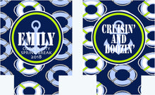 Load image into Gallery viewer, Nautical Life Preservers Beverage Insulators. Personalized Nautical Bachelorette or Birthday. Monogramed Huggers. Nautical Wedding Coolies!