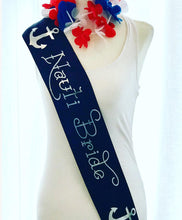 Load image into Gallery viewer, Nauti Bride 4" Sash. Nautical Wedding Sash. Nautical Bride to be Sash. Bridal Shower Satin Sash. Nautical Bridal Shower Gift.