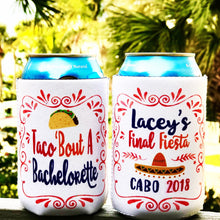 Load image into Gallery viewer, Fiesta Party Can Huggers. Bachelorette Fiesta Favors. Custom Fiesta Birthday Party or Wedding Shower Can Coolers! Cabo or Cancun Party!