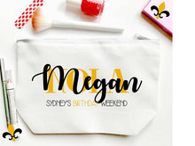 Load image into Gallery viewer, Nola Make Up bag. Great New Orleans Bachelorette or Girls Weekend Favors. NOLA Wedding Weekend Make up Bag. Personalized Nola bag!