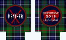 Load image into Gallery viewer, Blackwatch Plaid Party Huggers. Personalized Family Ski Vacation Coolies. Bachelorette or Bachelor Plaid Party coolers. Plaid party favors