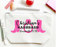 Load image into Gallery viewer, Boots and Bling Make Up bag. Great Austin Bachelorette or Girls Weekend Favors. Nashville Weekend Make up Bag. Personalized Texas bag!
