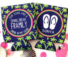 Load image into Gallery viewer, Tropical Palm Tree Party Can Coolies. Tropical Bridesmaid or Bachelorette Party Favors. Girl's Weekend Family Vacation Beach Favors.