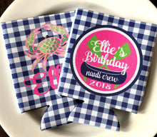 Load image into Gallery viewer, Gingham Party Huggers. Personalized Beach Bachelorette or Birthday Coolies.Florida Bachelorette Favors. Miami Party Huggers.