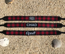 Load image into Gallery viewer, Buffalo Plaid Neoprene Sunglass Strap. Personalized Sun Glasses retainer. Match the Huggers. Great Wedding Party gifts!