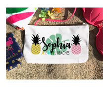Load image into Gallery viewer, Aloha Beaches Make Up bag. Great Bachelorette or Girls Weekend Favors. Beach Weekend Make up Bag. Personalized Party favors!Make up bag!